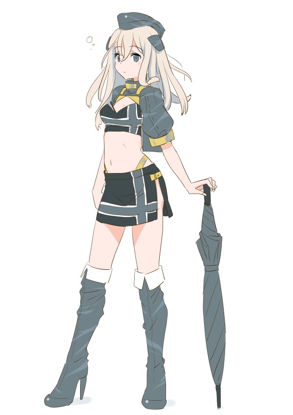 1girl alternate_color bandeau black_footwear black_jacket black_legwear black_skirt black_umbrella blonde_hair boots cleavage_cutout clothing_cutout cosplay cropped_jacket full_body garrison_cap gotland_(kantai_collection) gotland_(kantai_collection)_(cosplay) grey_eyes hat jacket kantai_collection long_hair midriff minigirl planted_umbrella race_queen simple_background skirt solo standing tamu_(mad_works) thigh_boots thighhighs u-511_(kantai_collection) umbrella white_background