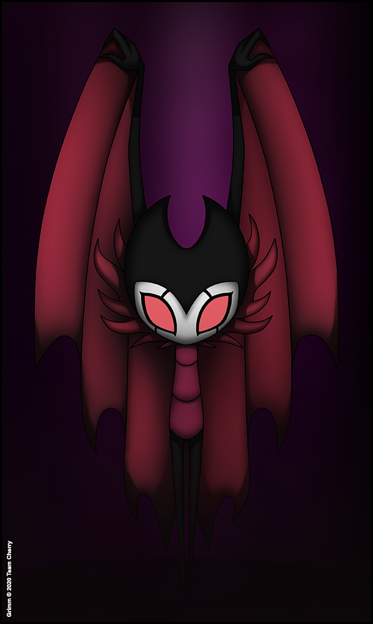 arthropod bat_wings black_markings grimm_(hollow_knight) hollow_knight insect lepidopteran male markings membrane_(anatomy) membranous_wings moth purple_background red_eyes simple_background solo tagme team_cherry verona7881 verona_(artist) video_games white_mask wings