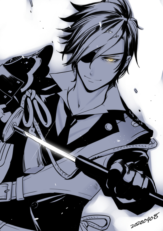 1boy armor black_gloves dated eyepatch gloves holding holding_sword holding_weapon japanese_armor looking_at_viewer male_focus necktie sakakibara_mizuki sheath shokudaikiri_mitsutada smile solo spot_color sword touken_ranbu unsheathing upper_body weapon yellow_eyes