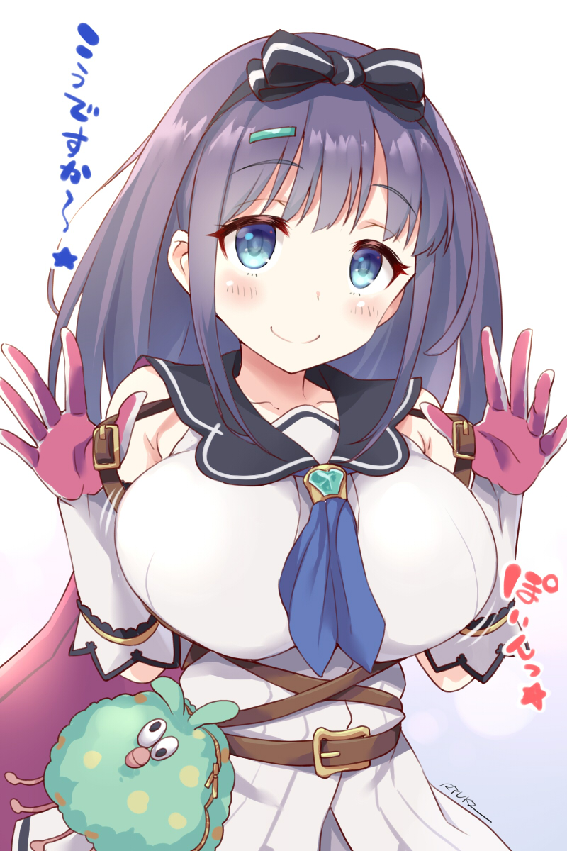 1girl black_hairband blue_eyes blue_neckwear blush bouncing_breasts breasts eyebrows_visible_through_hair gloves hair_ornament hairband hairclip highres impossible_clothes large_breasts looking_at_viewer misora_(princess_connect!) neckerchief princess_connect! princess_connect!_re:dive purple_capelet purple_gloves purple_hair ryuki_(ryukisukune) signature smile solo