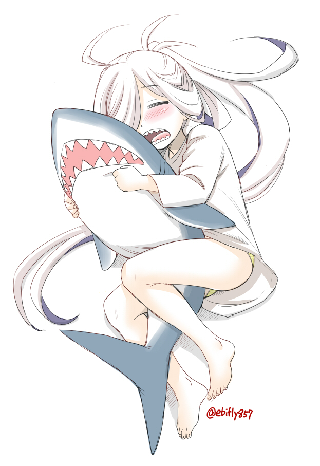 1girl asashimo_(kantai_collection) barefoot blush closed_eyes curled_up ebifly facing_viewer green_panties kantai_collection open_mouth panties sharp_teeth shirt simple_background sleeping solo stuffed_animal stuffed_shark stuffed_toy teeth toenails twitter_username underwear white_background white_shirt