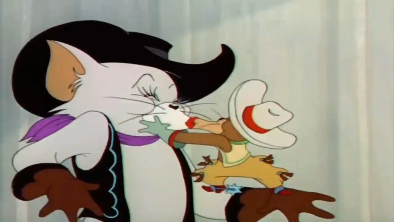 16:9 anthro clothing cowboy cowboy_hat domestic_cat felid feline felis female feral hat headgear headwear humanoid jerry_mouse kissing male male/female mammal metro-goldwyn-mayer mouse murid murine rodent screencap tom_and_jerry toodles_galore widescreen