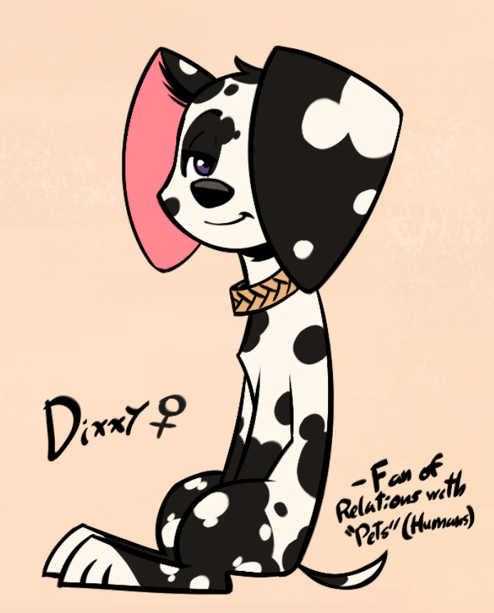 2020 3_toes black_body black_fur black_nose black_spots canid canine canis collar collar_only dalmatian dixxy_(violetechoes) domestic_dog english_text female feral fur gender_symbol half-closed_eyes looking_at_viewer mammal narrowed_eyes pink_inner_ear purple_eyes simple_background sitting smile solo soulcentinel spots spotted_body spotted_fur symbol tan_background text toes violetechoes white_body white_fur white_spots yellow_collar ♀