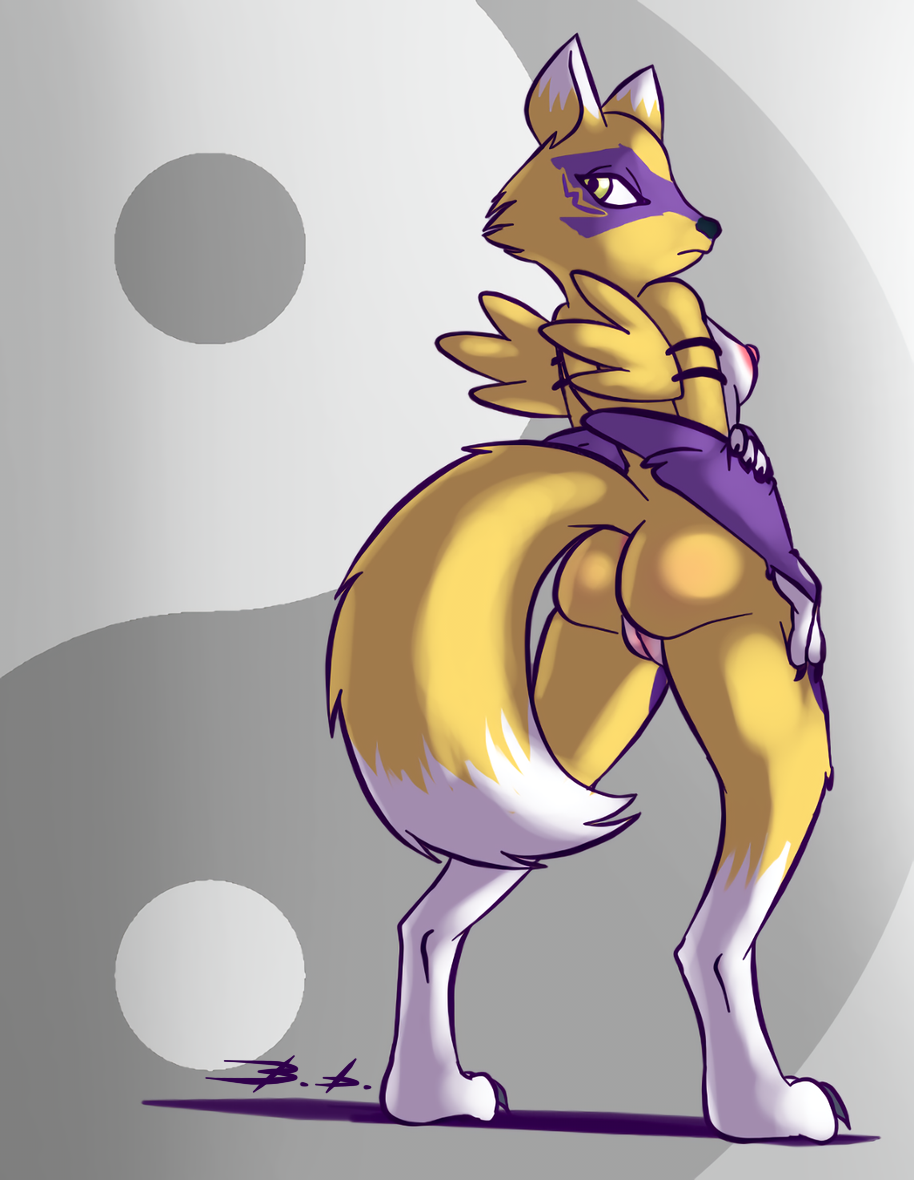 2018 alopex alternate_color anthro arctic_fox arm_grab arm_warmers armwear bassybefuddle black_nose breasts butt canid canine clothing cosplay countershade_face countershade_torso countershading crossover crossover_cosplay digimon digimon_(species) digital_media_(artwork) dipstick_ears dipstick_tail facial_markings female fox fur genitals head_markings leg_markings looking_at_viewer looking_back mammal markings mask_(marking) mostly_nude multicolored_body multicolored_ears multicolored_fur multicolored_tail nipples nude paws pussy rear_view renamon simple_background solo standing teenage_mutant_ninja_turtles thigh_marking two_tone_body two_tone_fur white_body white_fur yellow_body yellow_fur