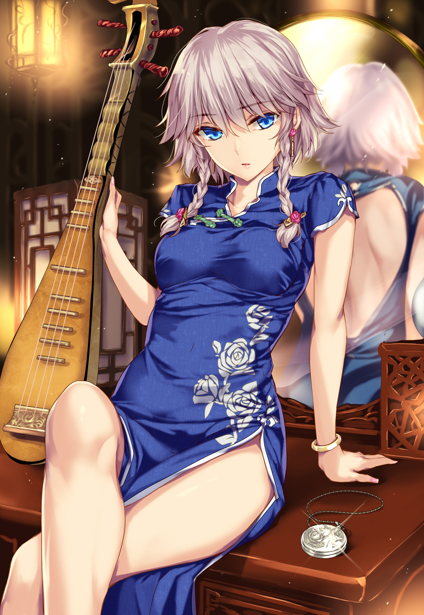 1girl arm_scar backless_dress backless_outfit bangs blue_eyes bracelet braid china_dress chinese_clothes closed_mouth commentary_request crossed_legs dress earrings eyebrows_visible_through_hair floral_print hair_ornament half-closed_eyes high_collar highres holding holding_instrument instrument instrument_request izayoi_sakuya jewelry lamp leaning_back light_frown light_particles long_dress looking_at_viewer mirror moneti_(daifuku) pocket_watch print_dress reflection short_hair short_sleeves side_slit silver_hair sitting solo sparkle touhou twin_braids watch