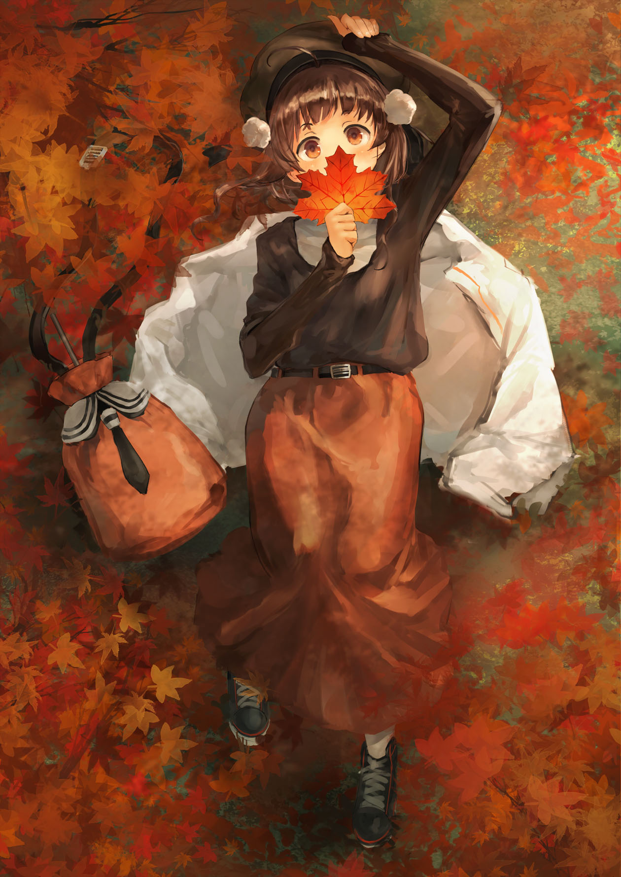1girl ahoge beret black_footwear brown_eyes brown_hair brown_headwear full_body hat highres holding holding_leaf jacket kantai_collection leaf long_sleeves maple_leaf naka_(kantai_collection) orange_skirt pom_pom_(clothes) shoes short_hair skirt sneakers solo toka_(marchlizard) tree white_jacket