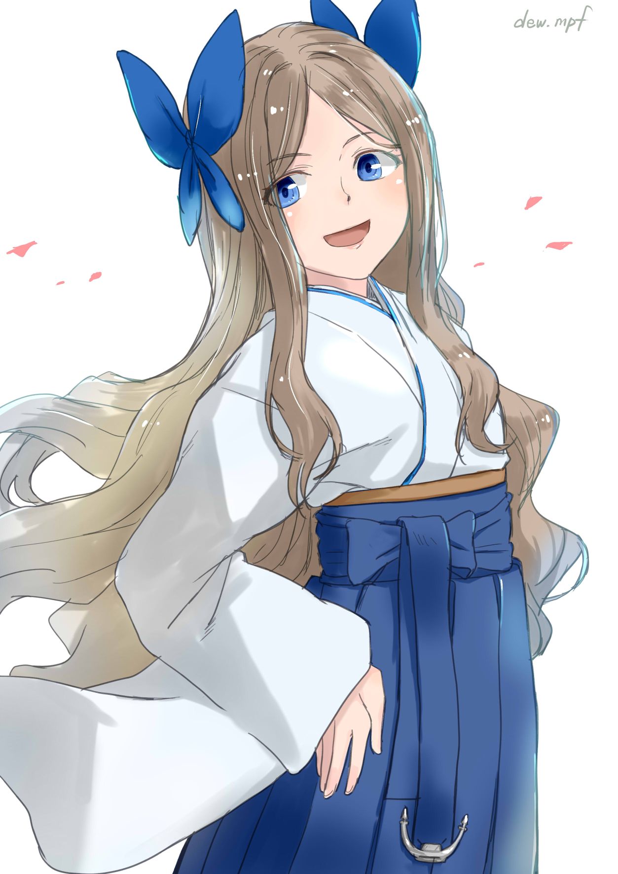 1girl asakaze_(kantai_collection) bangs blue_bow blue_eyes blue_hakama bow commentary_request cowboy_shot forehead hair_bow hakama highres japanese_clothes kantai_collection kote_(dew) light_brown_hair long_hair meiji_schoolgirl_uniform parted_bangs sidelocks simple_background solo wavy_hair white_background