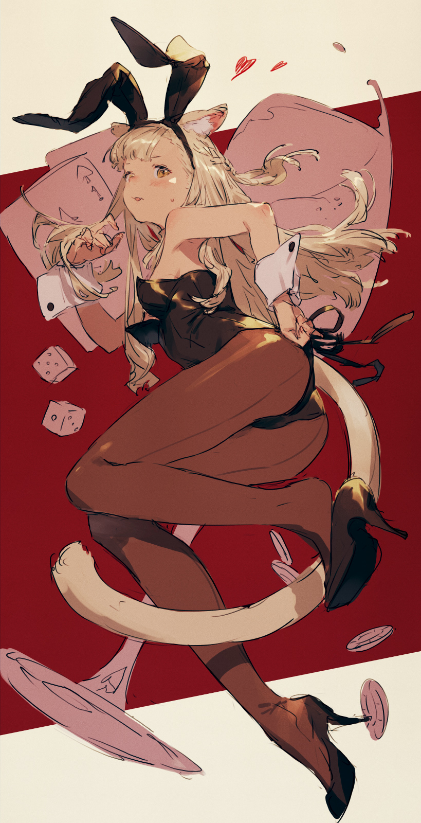 1girl adjusting_hair animal_ear_fluff animal_ears armpit_peek ass back-seamed_legwear backlighting bangs bare_arms beige_background black_footwear black_hairband black_legwear black_leotard black_ribbon blonde_hair blunt_bangs blush braid breasts bunny_day bunny_ears card cat_ears cat_girl cat_tail clenched_hand cup dice drink drinking_glass elbow_rest fake_animal_ears fang floating_hair french_braid full_body furrowed_eyebrows hair_tucking hairband hand_in_hair hand_on_hip hand_up heart high_heels highres junwool leg_up leotard light_brown_eyes long_hair looking_at_viewer looking_to_the_side lying medium_breasts on_side original pantyhose parted_lips playboy_bunny playing_card poker_chip pumps red_background ribbon seamed_legwear shoe_dangle shoe_soles side-tie_leotard sideboob sketch skin_fang solo spade_(shape) strapless strapless_leotard sweat tail thighs two-tone_background wine_glass wrist_cuffs