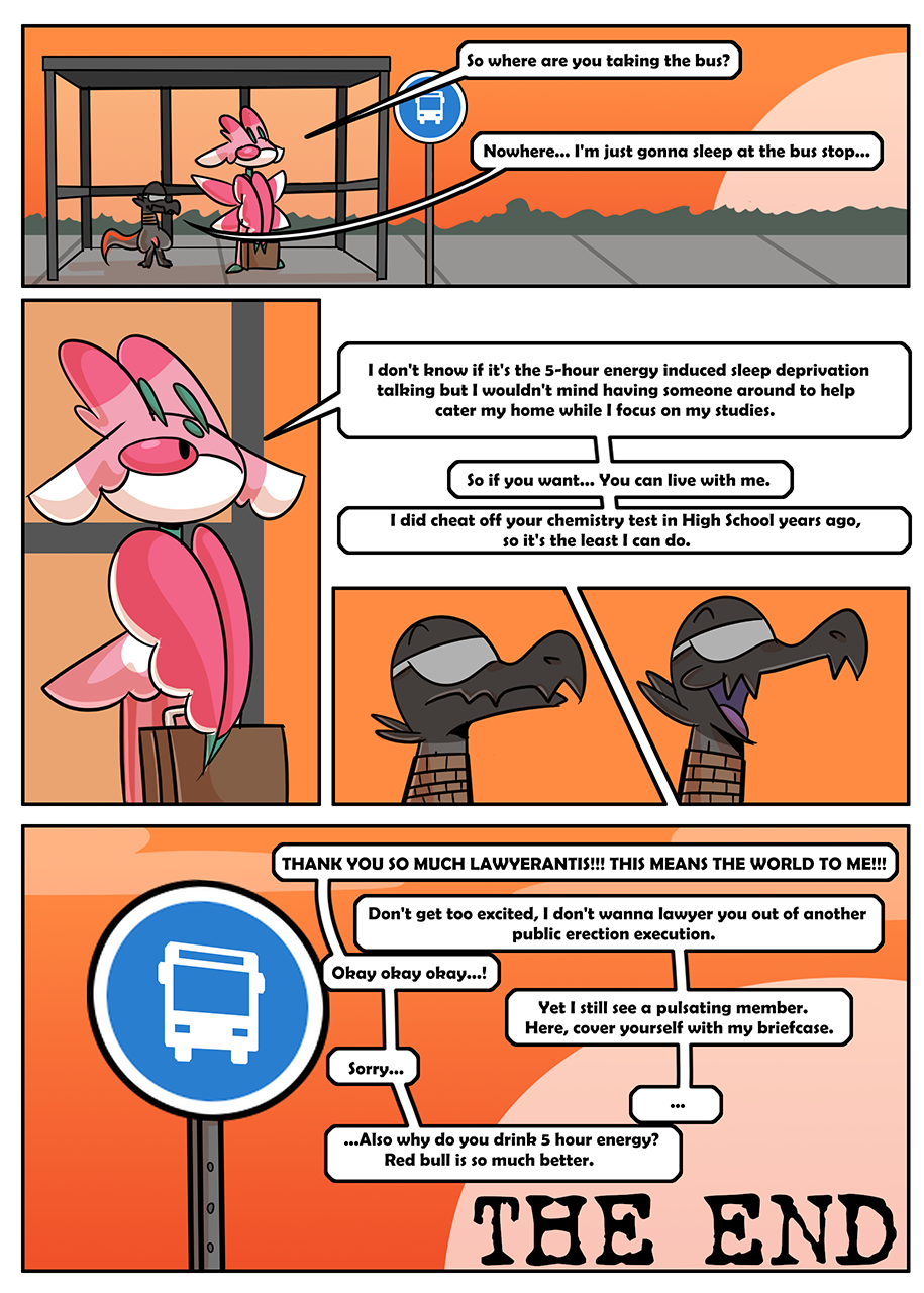 afternoon anthro bound bus_stop casual_nudity comic dialogue duo english_text female feral genitals happy hi_res lurantis male nintendo not_a_furfag penis pok&eacute;mon pok&eacute;mon_(species) purple_mouth purple_tongue salandit suitcase sunset tapering_penis text the_end tongue video_games