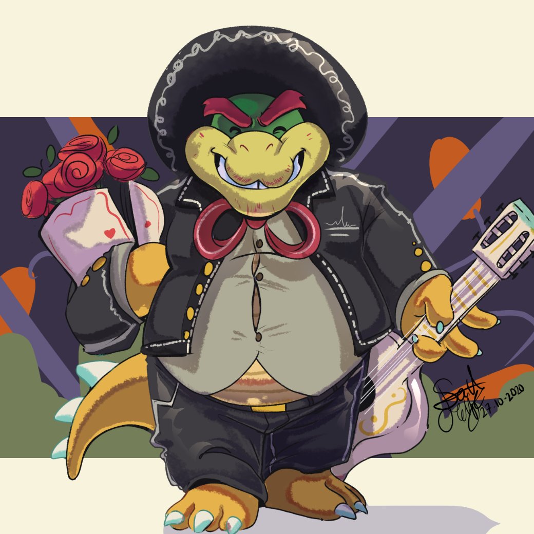 anthro bouquet_of_flowers bouquet_of_roses bowser claws clothing eyebrows eyes_closed facial_hair flower grin guitar hat headgear headwear koopa male mariachi mariachi_suit mario_bros mexican musical_instrument nintendo plant plucked_string_instrument reptile rose_(flower) scalie smile smollsaid solo sombrero string_instrument teeth thick_eyebrows video_games yellow_body