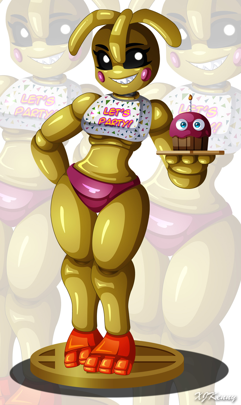 2020 3_toes 4_fingers animatronic avian award bib bird black_sclera blonde_hair candle chicken cupcake eyebrows eyelashes feathers female fingers five_nights_at_freddy's five_nights_at_freddy's_2 food galliform gallus_(genus) hair hi_res machine orange_body orange_feet phasianid robot sharp_teeth smile solo standing teeth text toes toy_chica_(fnaf) trophy video_games white_eyes xjkenny yellow_body yellow_feathers