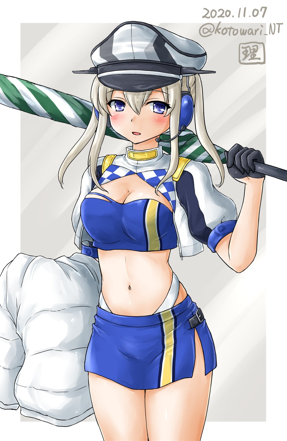 1girl artist_logo bandeau black_gloves blonde_hair blue_skirt commentary_request cosplay cropped_jacket dated gloves gotland_(kantai_collection) gotland_(kantai_collection)_(cosplay) graf_zeppelin_(kantai_collection) grey_eyes hair_between_eyes half_gloves highres jacket kantai_collection kotowari_(newtype_kenkyuujo) long_hair looking_at_viewer midriff navel race_queen shrug_(clothing) sidelocks skirt solo twintails twitter_username umbrella white_background white_jacket