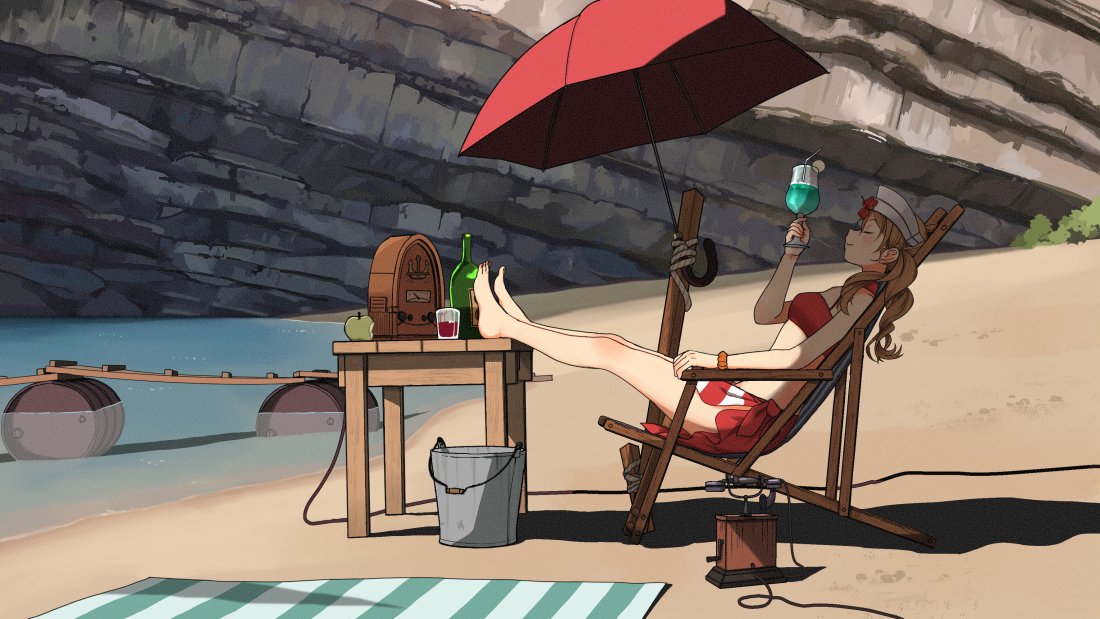 1girl alcohol annin_musou apple bare_legs barefoot bikini blush bottle brown_hair bucket closed_eyes closed_mouth cup drink drinking_glass drinking_straw food fruit holding holding_cup italia_(kantai_collection) kantai_collection lemon lemon_slice littorio_(kantai_collection) long_hair red_bikini red_sarong red_umbrella sarong smile solo swimsuit umbrella wine wine_bottle