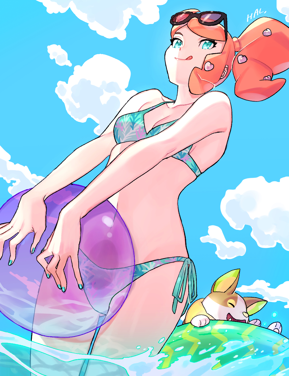 1girl :q ball bare_arms bikini breasts cleavage closed_mouth cloud collarbone commentary_request day eyelashes eyewear_on_head gen_8_pokemon green_eyes green_nails hair_ornament heart heart_hair_ornament highres holding holding_ball honoboooono innertube long_hair midriff nail_polish navel orange_hair outdoors pokemon pokemon_(creature) pokemon_(game) pokemon_swsh side-tie_bikini side_ponytail sky smile sonia_(pokemon) sunglasses swimsuit tongue tongue_out wading water yamper