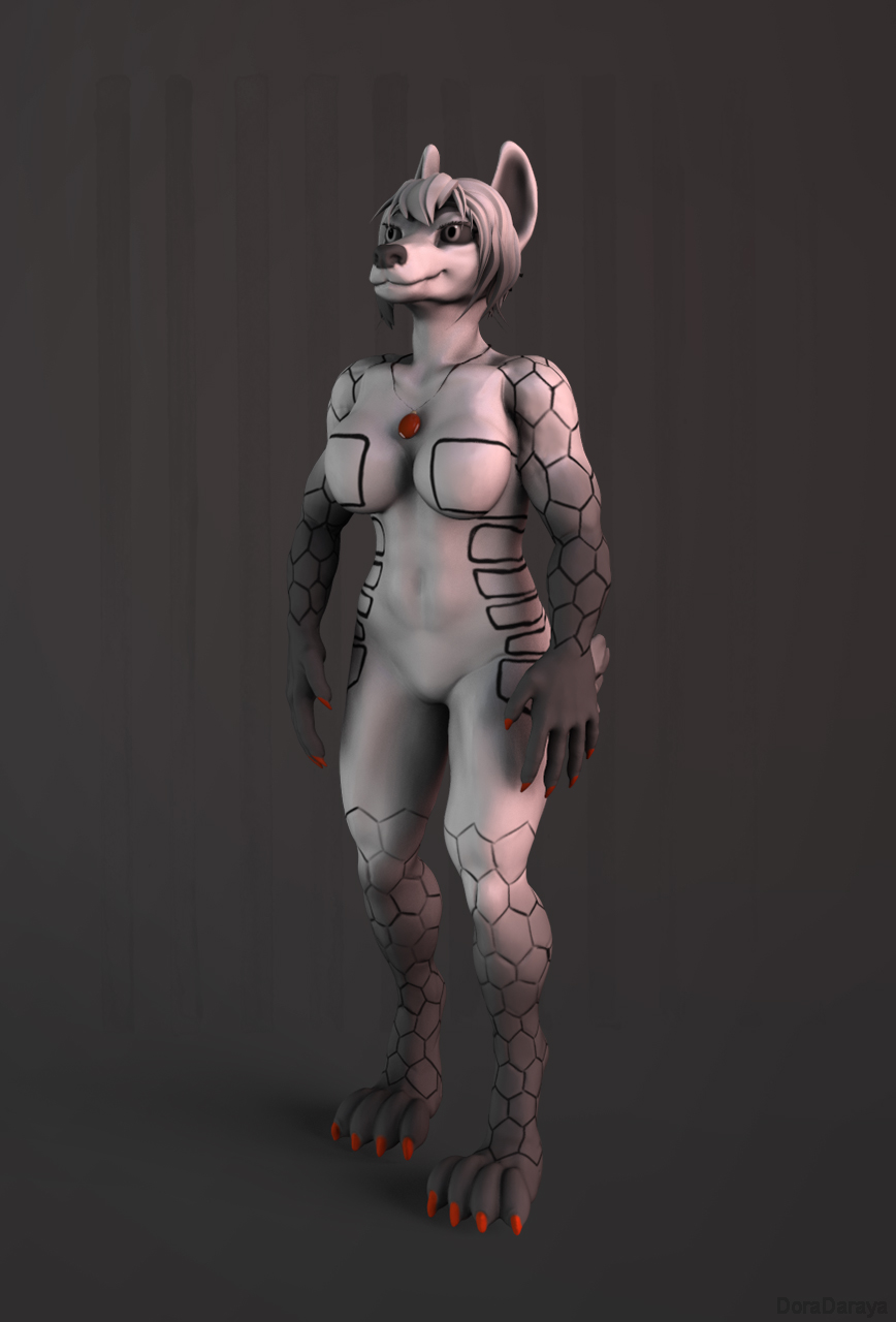 3d_(artwork) amulet anthro black_sclera breasts canid canine canis digital_media_(artwork) doradaraya featureless_breasts featureless_crotch female gradient_fur hair hi_res jennifer_nyte mammal model_sheet nude pattern_background simple_background solo striped_background wolf