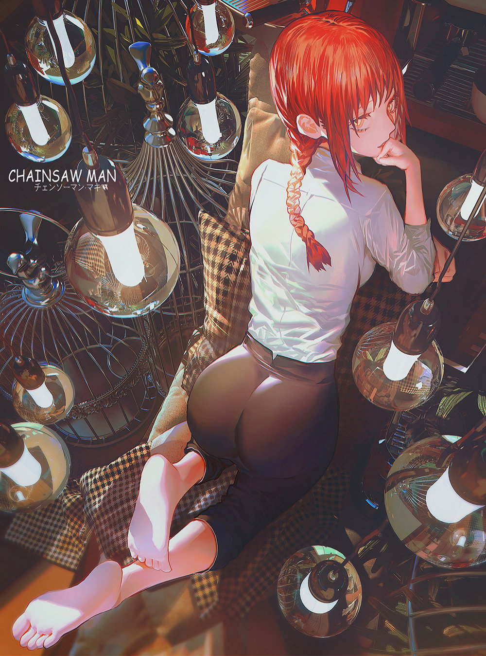 1girl ass barefoot birdcage braid breasts cage chainsaw_man chin_rest from_above hand_to_own_mouth highres indoors kneeling light_bulb long_hair looking_at_viewer looking_back makima_(chainsaw_man) red_hair single_braid small_breasts soles solo yellow_eyes yeyun