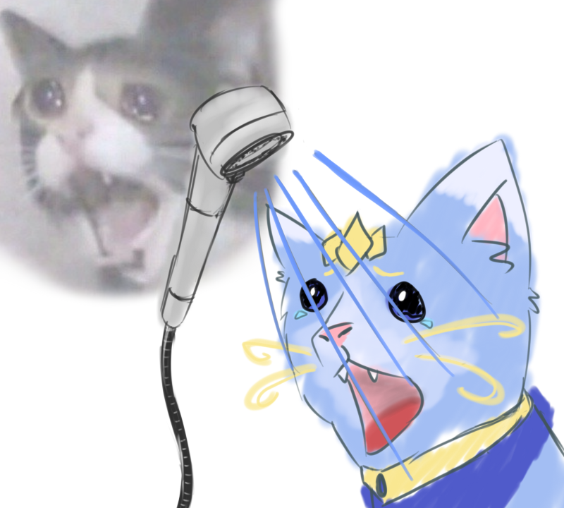 ambiguous_gender bodily_fluids crying crying_cat domestic_cat eyebrows fangs felid feline felis feral fur league_of_legends mammal meme open_mouth riot_games screaming shower simple_background solo tears unknown_artist video_games water whiskers white_background yuumi_(lol)