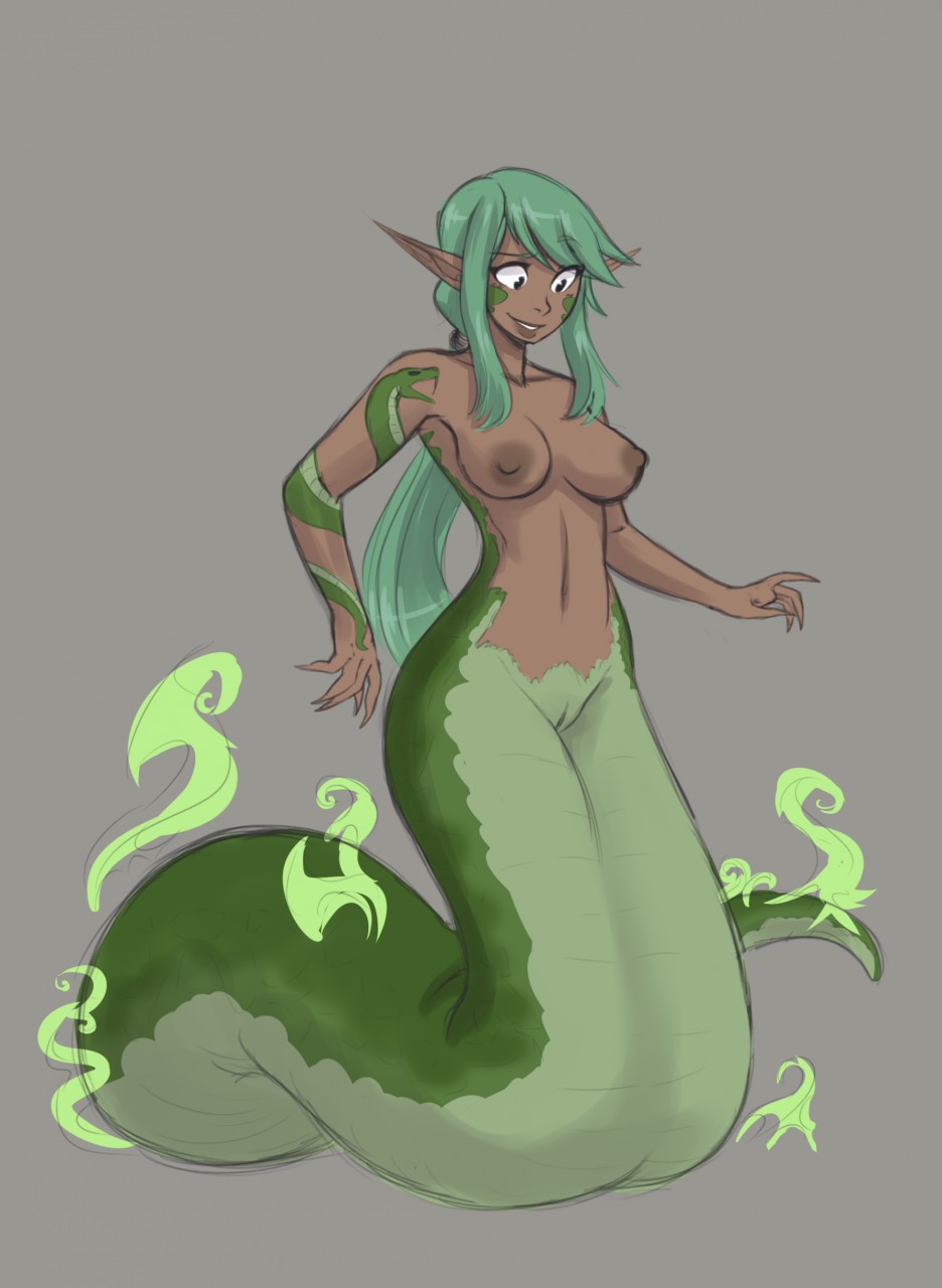 2017 5_fingers after_transformation apode breasts draconcopode fingers genitals green_body green_hair green_scales grey_background hair hi_res humanoid_pointy_ears lamia lyn_(z-ray) navel nipples nude pussy reptile scales scalie serpentine simple_background smile snake split_form thatweirdguyjosh
