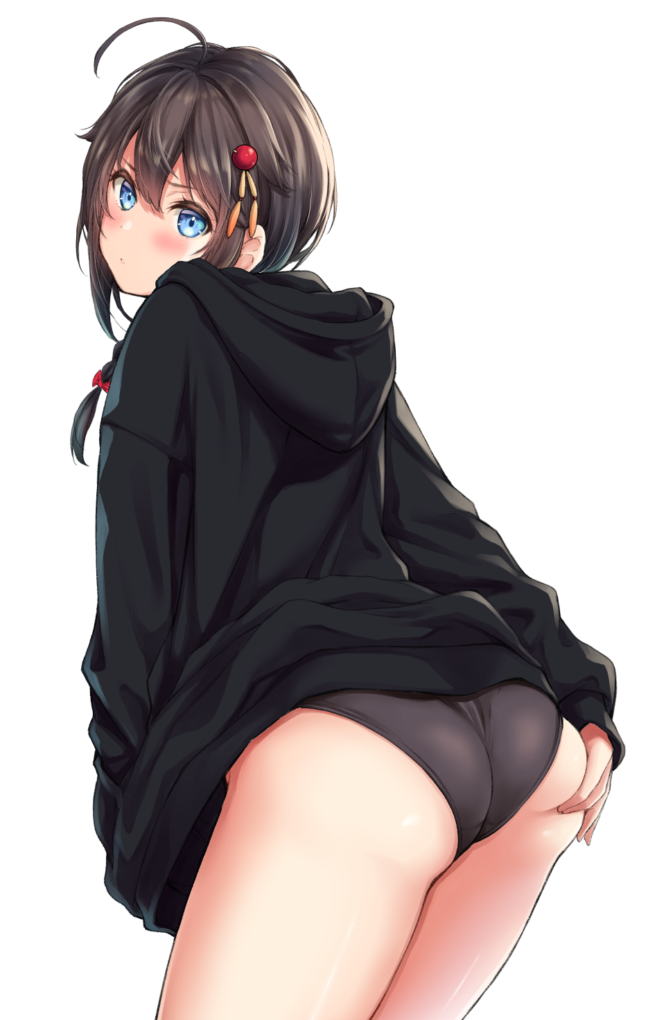 1girl ahoge alternate_costume ass ass_grab black_hair black_hoodie black_panties blue_eyes blush braid closed_mouth commentary_request from_behind grabbing_own_ass hair_ornament hair_ribbon highres hood hood_down hoodie kantai_collection leaning_forward long_hair long_sleeves looking_at_viewer looking_back panties red_ribbon remodel_(kantai_collection) ribbon shigure_(kantai_collection) single_braid sleeves_past_wrists solo thighs underwear yammy
