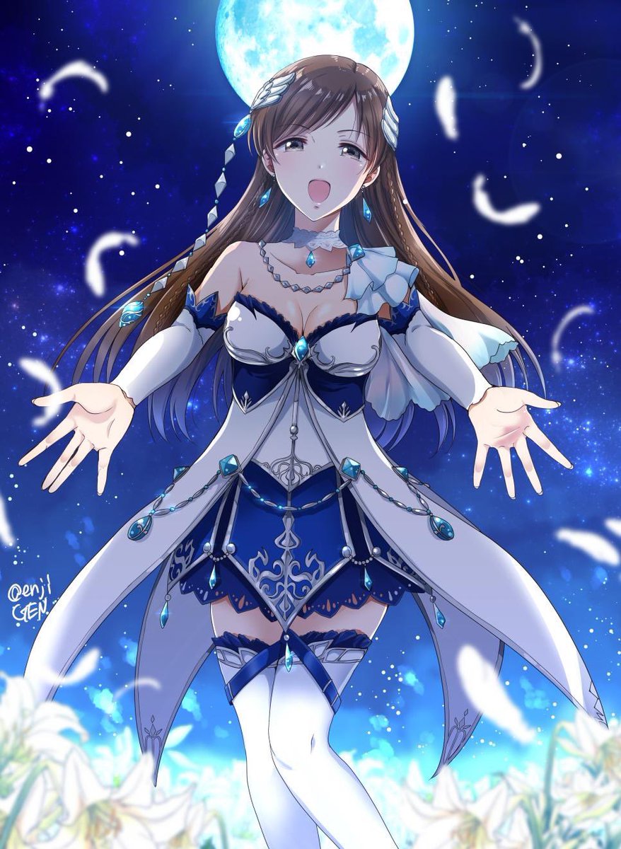 1girl :d bangs blue_skirt blue_sky blurry_foreground boots breasts brown_eyes brown_hair choker cleavage collarbone detached_sleeves earrings floating_hair flower full_moon gen_(enji) half-closed_eyes highres idolmaster idolmaster_cinderella_girls jewelry long_hair long_sleeves looking_at_viewer medium_breasts miniskirt moon night nitta_minami open_mouth outdoors outstretched_hand shiny shiny_hair shiny_skin skirt sky smile solo standing swept_bangs thigh_boots thighhighs twitter_username very_long_hair white_choker white_feathers white_flower white_footwear white_sleeves zettai_ryouiki