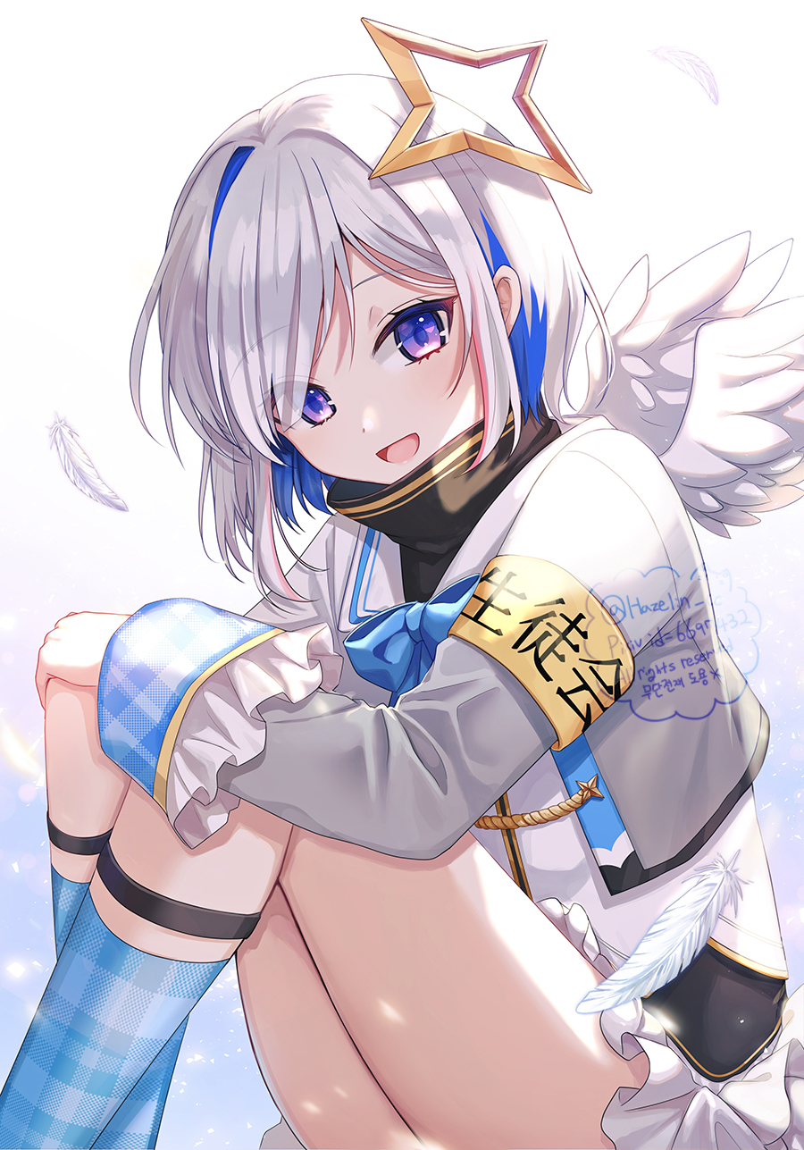 1girl 723/nanahumi :d amane_kanata armband bangs blue_bow blue_hair blue_legwear bow commentary_request eyebrows_visible_through_hair feathered_wings feathers feet_out_of_frame frilled_skirt frills grey_jacket hair_over_one_eye highres hololive jacket knees_up long_sleeves looking_at_viewer mini_wings multicolored_hair open_clothes open_jacket open_mouth pixiv_id plaid plaid_legwear purple_eyes red_hair shirt silver_hair sitting skirt smile socks solo streaked_hair twitter_username two-tone_hair virtual_youtuber white_feathers white_shirt white_skirt white_wings wide_sleeves wings