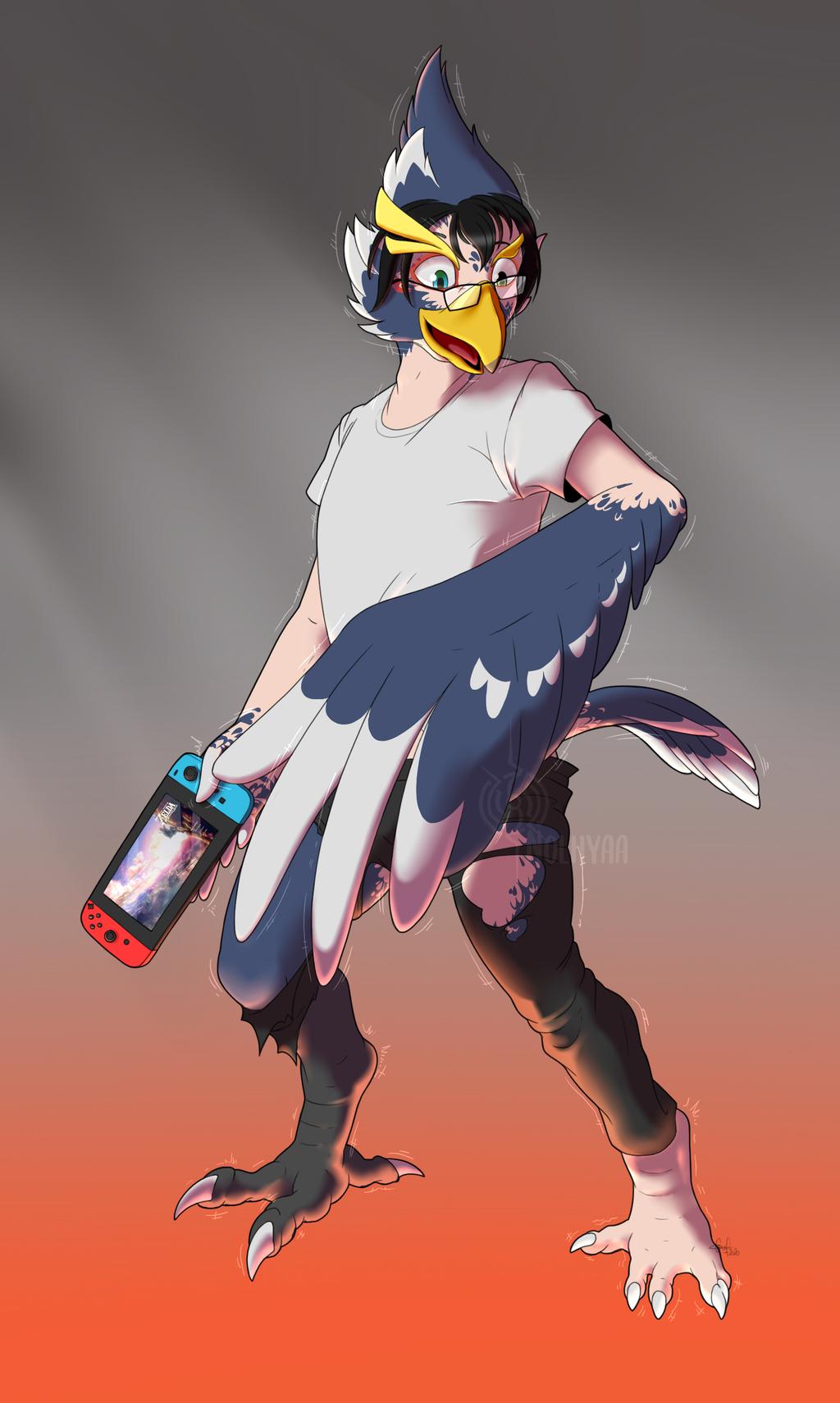 3_toes anthro avian beak biped bird black_bottomwear black_clothing black_hair black_pants blue_body blue_eyes blue_feathers bottomwear breath_of_the_wild brown_eyes clothing digitigrade feathers gradient_background hair happy hi_res human human_to_anthro humanoid male mammal nintendo nintendo_switch nolhyaa open_beak open_mouth pale_skin pants red_body red_feathers revali ripping rito shirt simple_background solo species_transformation tail_feathers talons the_legend_of_zelda toes tongue topwear torn_bottomwear torn_clothing torn_pants transformation video_games white_body white_clothing white_feathers white_shirt white_topwear winged_arms wings