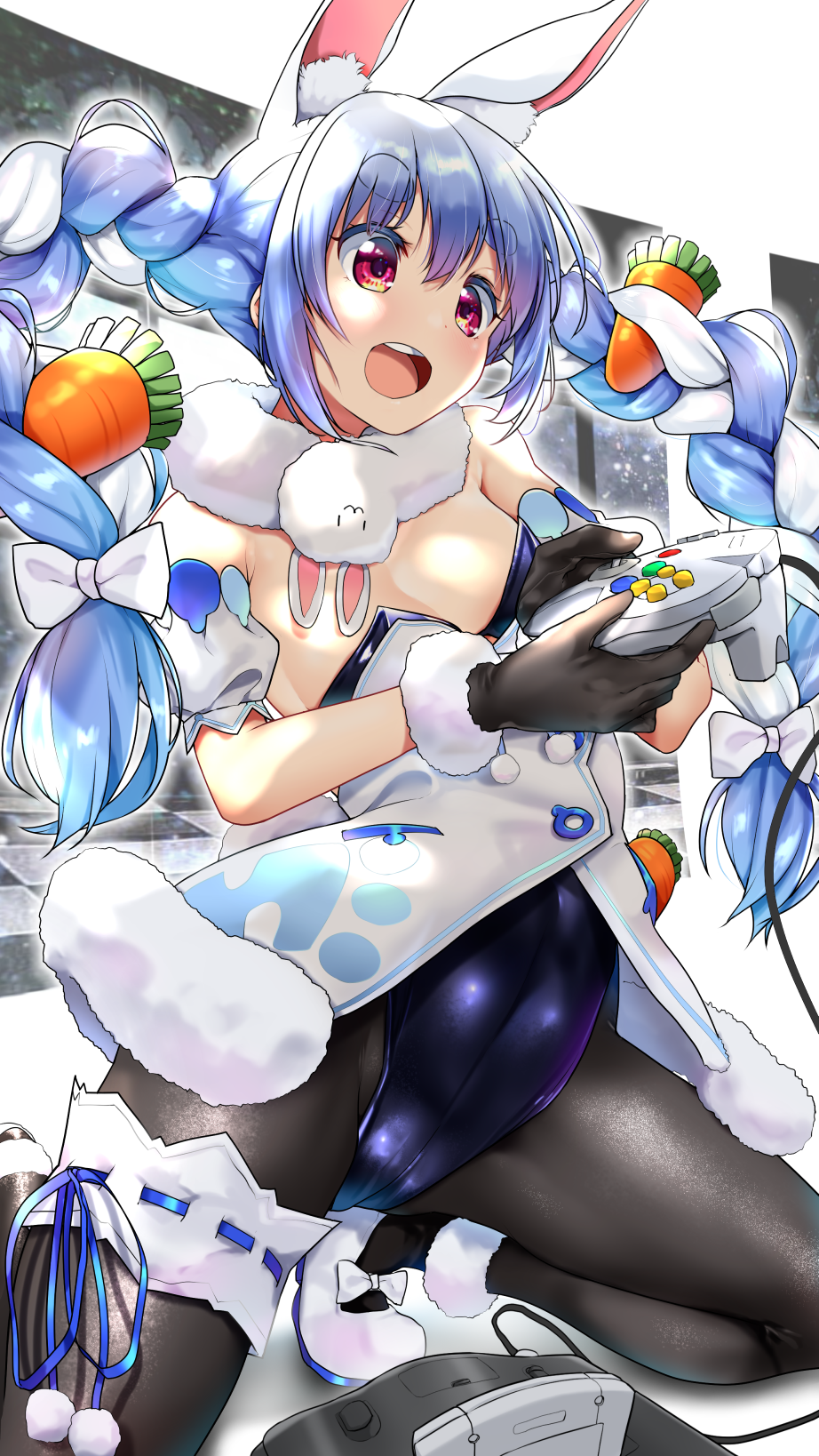 1girl animal_ear_fluff animal_ears bare_shoulders black_gloves black_legwear blue_hair braid breasts bunny bunny_ears carrot_hair_ornament cleavage controller food_themed_hair_ornament game_console game_controller gloves hair_ornament highres holding holding_controller holding_game_controller hololive leg_garter leotard medium_breasts multicolored_hair nintendo_64 nonohachi open_mouth pantyhose red_eyes smile solo thick_eyebrows twin_braids two-tone_hair usada_pekora virtual_youtuber white_hair