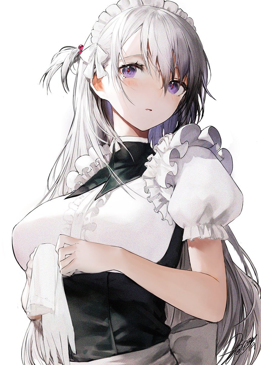 1girl bangs bow center_frills frilled_sleeves frills gloves gloves_removed hair_between_eyes hair_bobbles hair_bow hair_ornament haori_iori highres holding holding_clothes holding_gloves long_hair looking_at_viewer maid maid_headdress one_side_up original parted_lips puffy_short_sleeves puffy_sleeves purple_eyes shirt short_sleeves signature silver_hair simple_background solo underbust upper_body very_long_hair white_background white_bow white_gloves white_shirt