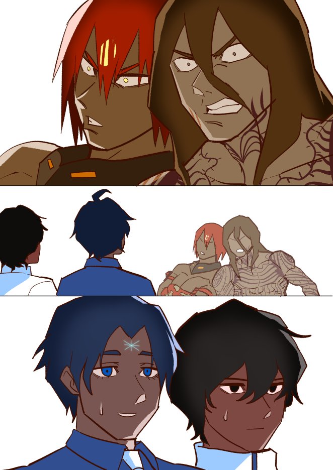 4boys abs agni_gandiva akizora arjuna_(fate/grand_order) ashwatthama_(fate/grand_order) bangs bara bishounen black_eyes black_hair blue_eyes brown_hair chest crossover cyborg dark_skin dark_skinned_male facial_mark fate/apocrypha fate/grand_order fate_(series) forehead_mark hair_between_eyes indian_clothes long_hair male_focus mechanical_arm multiple_boys muscle parted_lips prosthesis prosthetic_arm red_hair scp-073 scp-076-2 scp_foundation shirtless short_hair smile tattoo teeth toned toned_male yellow_eyes