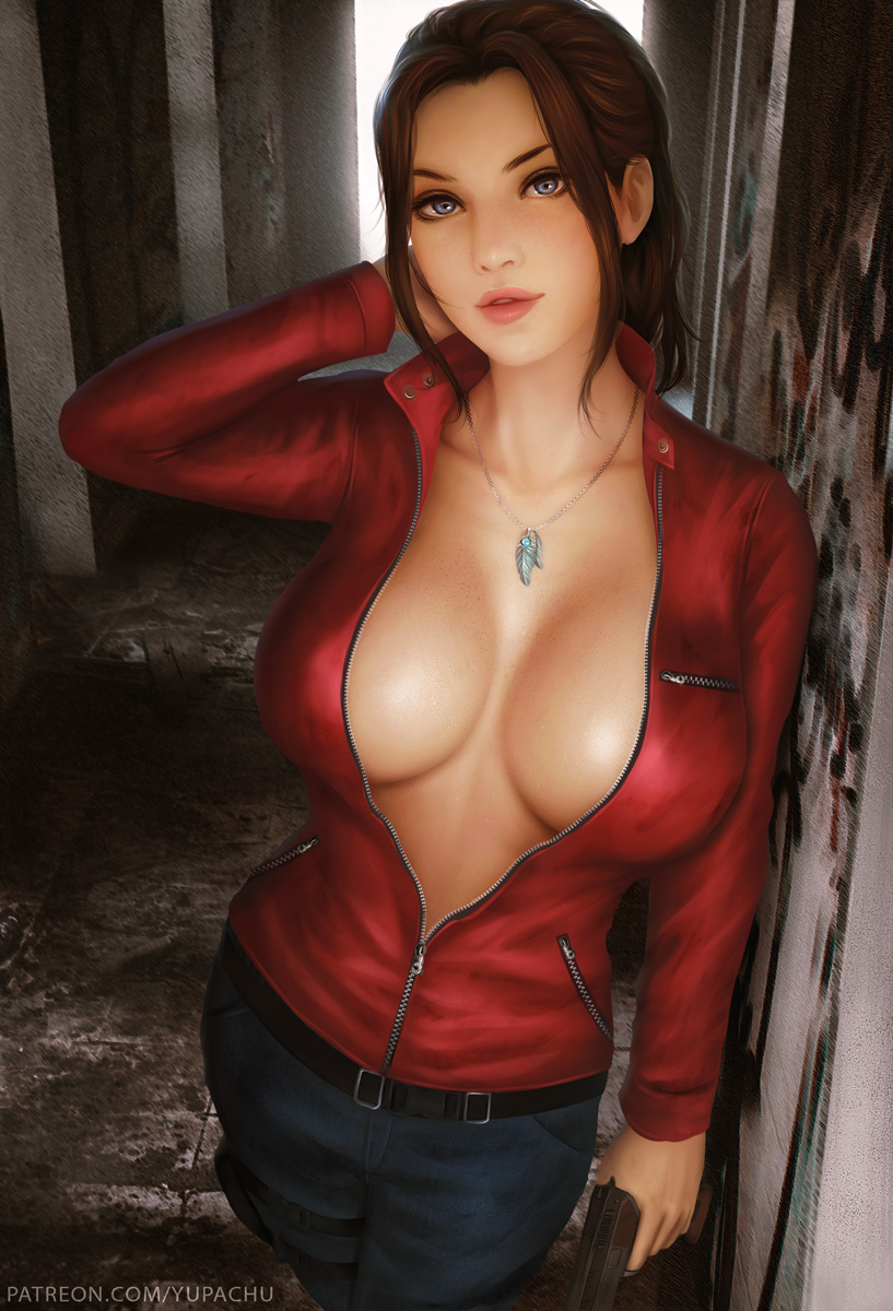 1girl arm_up bangs belt black_belt blue_eyes blue_pants breasts brown_hair claire_redfield cleavage gun handgun highres holding holding_gun holding_weapon jacket jewelry large_breasts necklace open_clothes open_jacket pants parted_bangs parted_lips red_jacket resident_evil resident_evil_2 sidelocks standing unzipped weapon yupachu zipper_pull_tab