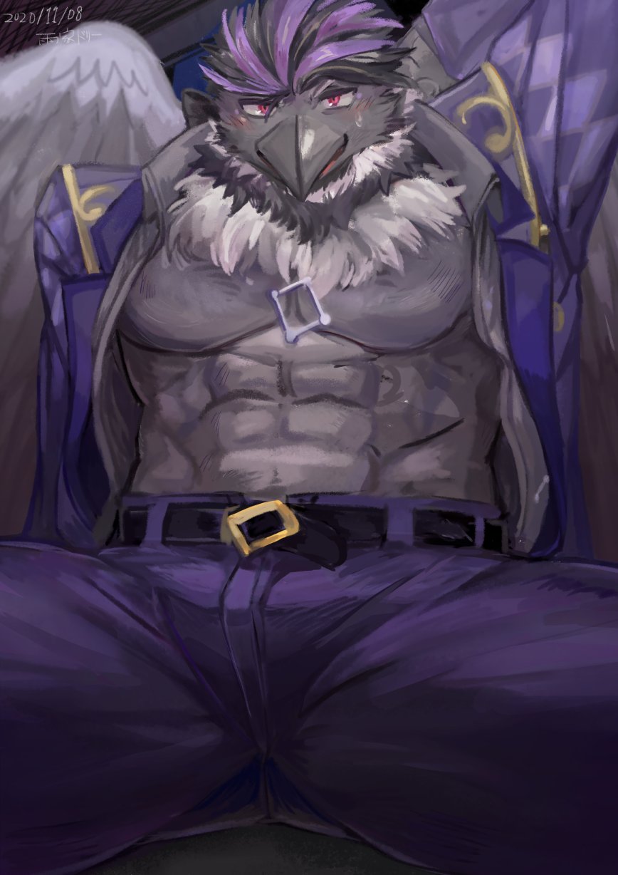 abs alchiba anthro avian bird black_body black_feathers corvid corvus_(genus) crow feathers gekogeko_v hi_res live-a-hero male muscular muscular_male oscine passerine pecs purple_body purple_feathers sitting solo spread_legs spreading