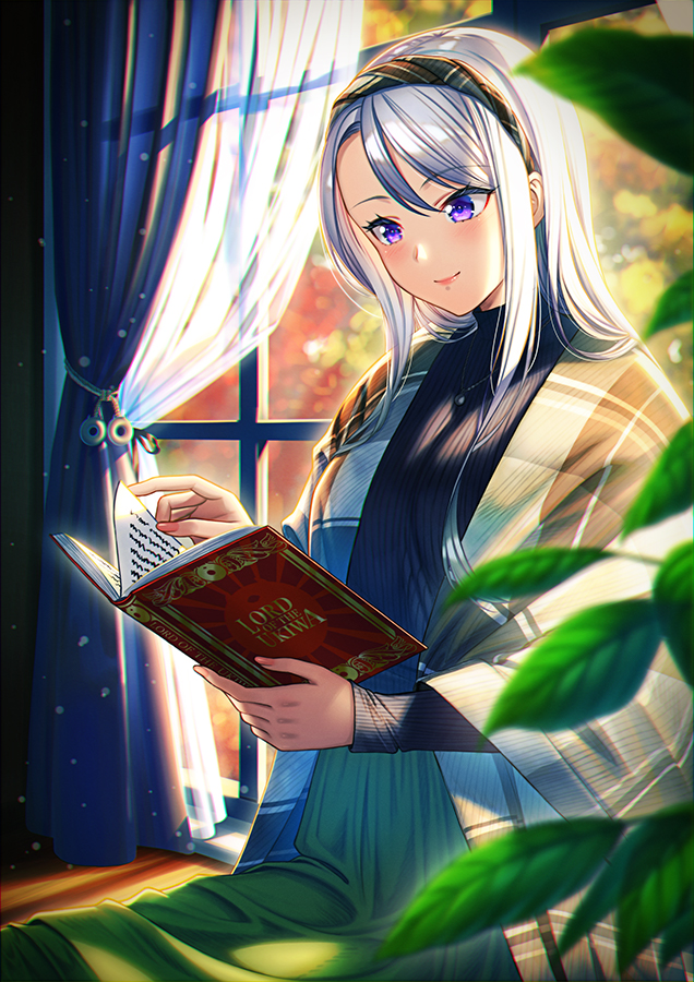 1girl bangs blush book breasts commentary_request curtains enemy_lifebuoy_(kantai_collection) hairband indoors jacket jewelry kantai_collection leaf long_hair long_sleeves necklace purple_eyes reading sagiri_(kantai_collection) silver_hair sitting skirt smile sunlight sweater unowen window