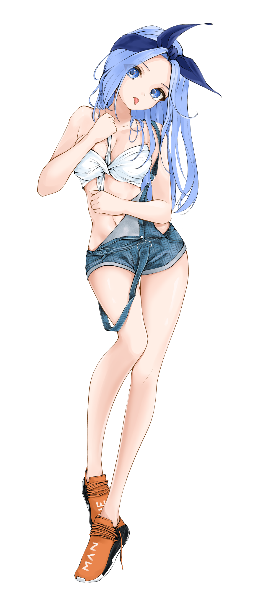 1girl :p bandana bare_shoulders blue_eyes blue_hair breasts chaesu cleavage collarbone denim forehead front-tie_top full_body head_tilt highres long_hair long_legs looking_at_viewer medium_breasts minah_(chaesu) navel no_bra orange_footwear original overall_shorts shoes sneakers solo standing suspenders_hanging tongue tongue_out tying untied_shoes