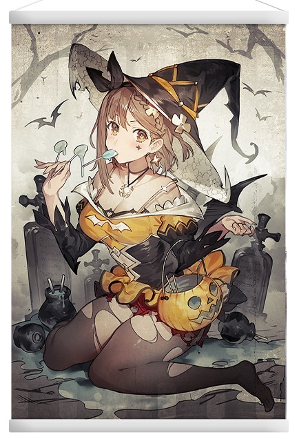 1girl atelier_(series) atelier_ryza atelier_ryza_2 bat black_legwear black_ribbon breasts brown_eyes brown_hair candy cross food grave hair_ribbon halloween halloween_costume hat jack-o'-lantern jewelry long_sleeves looking_at_viewer necklace pantyhose pumpkin reisalin_stout ribbon short_hair solo thick_thighs thighs tombstone torn_clothes torn_legwear witch_hat