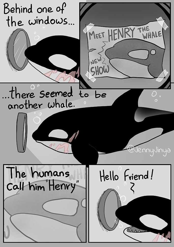 ambiguous_gender cetacean comic delphinoid dialogue english_text feral jenny_jinya loving_reaper mammal marine oceanic_dolphin orca poster scar solo text toothed_whale window