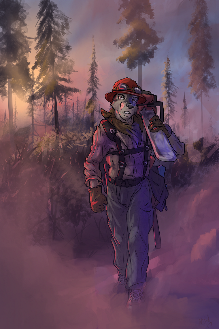 2017 2:3 anthro armor backpack boots bottomwear canid canine canis chainsaw clothed clothing detailed_background digital_media_(artwork) dirty domestic_dog dust eyewear filthy footwear forest fur gear gloves goggles grey_body grey_fur handwear hard_hat harness headgear helmet holding_chainsaw holding_object husky kerchief looking_at_viewer lumberjack male mammal marsonaut nordic_sled_dog pants power_tool scarf smoke solo spitz sunset tools tree walking