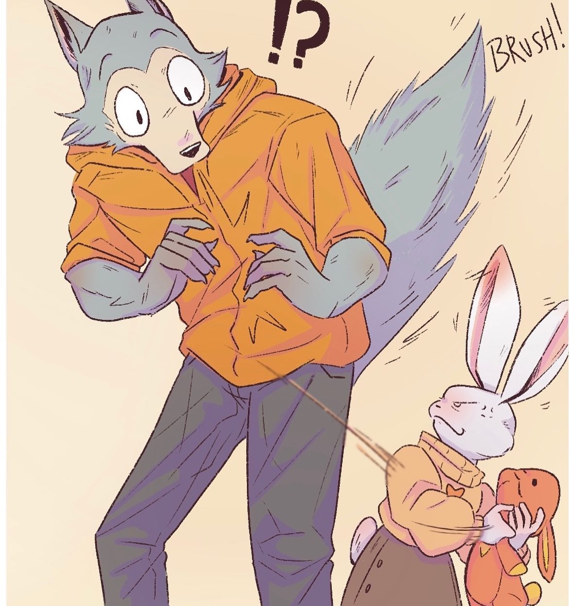 2020 ?! anthro beastars canid canine canis clothed clothing comic cross-popping_vein duo eden_fries fluffy fluffy_tail fully_clothed fur haru_(beastars) hi_res holding_plush lagomorph legoshi_(beastars) leporid looking_at_another mammal rabbit simple_background tan_background vein wolf