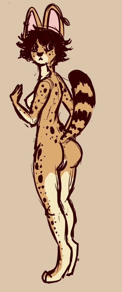 2018 anthro anus breasts brown_hair digital_media_(artwork) digitigrade ear_piercing felid feline female fur genitals hair junijoobs looking_back mammal piercing pussy raised_tail serval solo spots spotted_body spotted_fur striped_tail stripes tan_body tan_fur