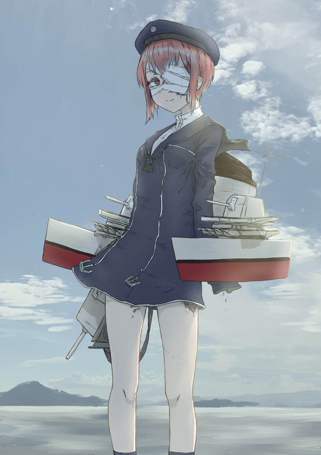1girl amputee bandage_over_one_eye bandages bangs breasts brown_eyes brown_hair clothes_writing cloud day dress hat highres injury kantai_collection long_sleeves machinery mechanical_parts mountain nito_(nshtntr) ocean outdoors rigging sailor_collar sailor_dress sailor_hat short_hair sky small_breasts smile socks solo water z3_max_schultz_(kantai_collection)