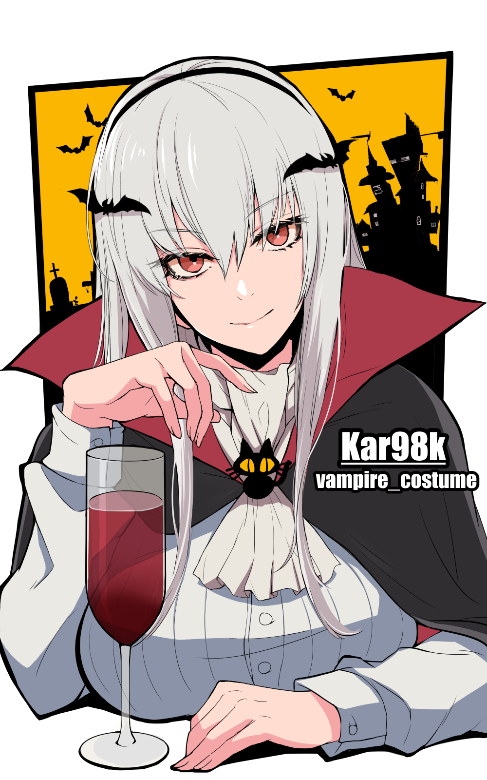 bat black_headwear bolt_action breasts capelet cloak cosplay girls_frontline gun halloween highres kar98k_(girls_frontline) large_breasts looking_at_viewer mauser_98 red_eyes red_wine rifle shirt smile vampire weapon white_hair white_shirt yu_416416