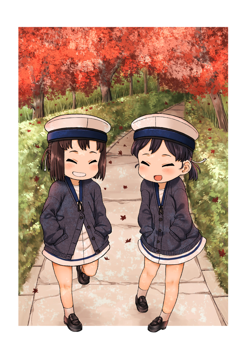 2girls black_footwear black_hair blue_cardigan blush border cardigan closed_eyes daitou_(kantai_collection) day dress grin hands_in_pockets harukaze_unipo hat hiburi_(kantai_collection) highres kantai_collection leaf multiple_girls open_mouth outdoors ponytail sailor_dress sailor_hat scenery short_hair short_ponytail smile socks tree white_border white_dress white_headwear white_legwear