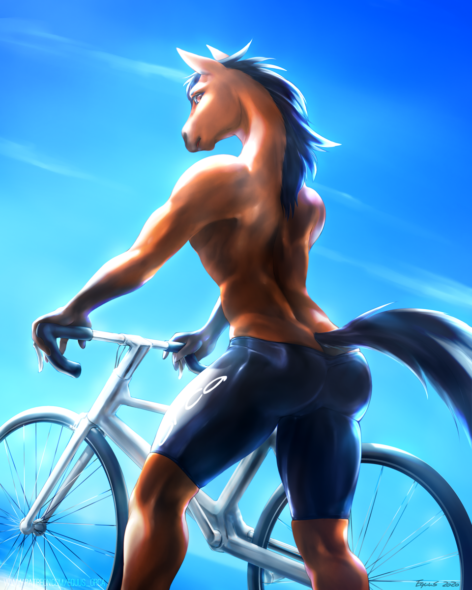 2020 4:5 anthro bike_(disambiguation) black_hair brown_eyes day detailed_background digital_media_(artwork) equid equine equus fingers hair hi_res horse male mammal outside sky solo standing