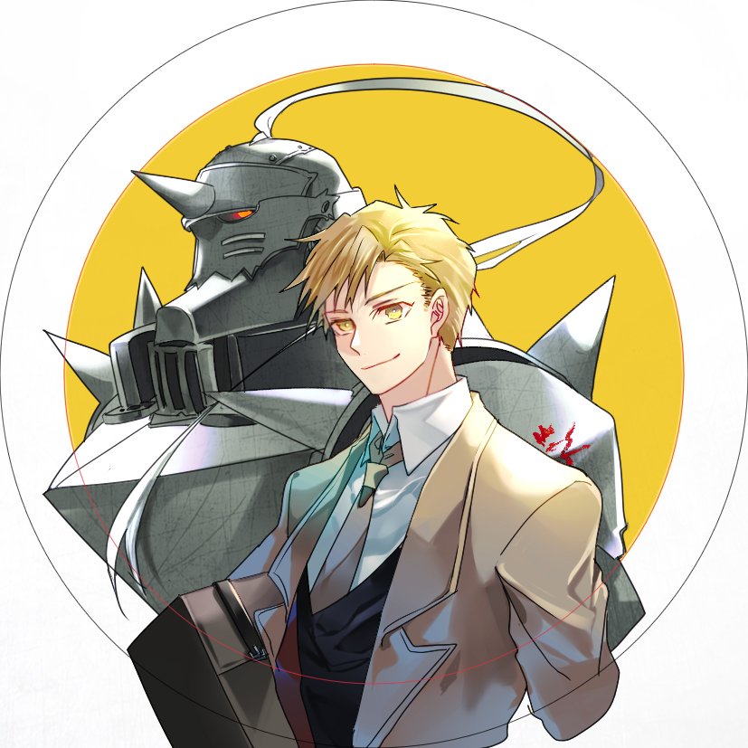 1boy alphonse_elric armor arms_at_sides av_(abusive) backlighting beige_coat beige_neckwear black_outline black_vest blonde_hair carrying carrying_under_arm circle closed_mouth coat collared_shirt cropped_torso dress_shirt facing_viewer flamel_symbol formal fullmetal_alchemist helmet jitome looking_afar male_focus necktie open_clothes open_coat outline red_eyes shaded_face shiny shirt shoulder_spikes simple_background smile spiked_helmet spikes suitcase two-tone_background upper_body vest white_background white_shirt yellow_background yellow_eyes