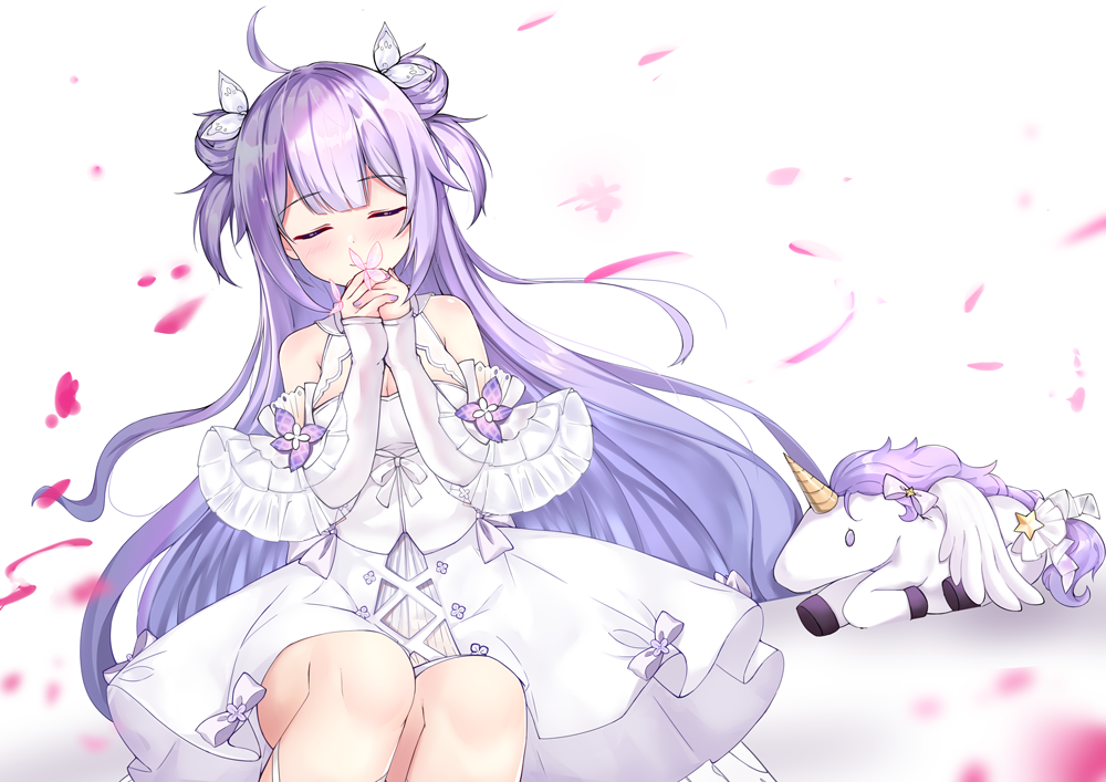 1girl ahoge azur_lane bangs bare_shoulders blush bow closed_eyes closed_mouth detached_sleeves double_bun dress eyebrows_visible_through_hair facing_viewer feet_out_of_frame flower hair_ribbon hands_clasped hands_up kuaua long_sleeves own_hands_together petals purple_bow purple_hair ribbon short_over_long_sleeves short_sleeves simple_background sitting sleeveless sleeveless_dress sleeves_past_wrists smile solo stuffed_alicorn stuffed_animal stuffed_toy two_side_up unicorn_(azur_lane) white_background white_dress white_flower white_ribbon white_sleeves wide_sleeves