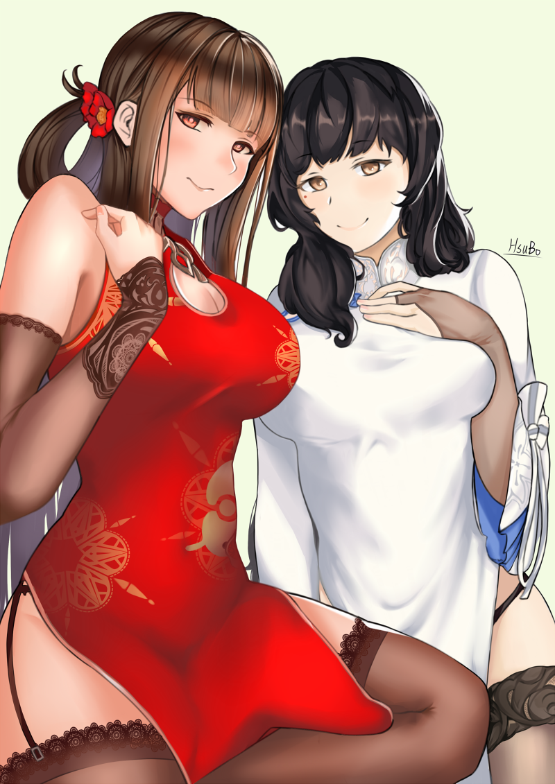 2girls artist_name black_gloves black_hair black_legwear blush bracer breast_hold breasts brown_eyes brown_hair china_dress chinese_clothes cleavage closed_mouth dress dsr-50_(girls_frontline) elbow_gloves eyebrows_visible_through_hair flower girls_frontline gloves hair_flower hair_ornament hand_up hsubo long_hair looking_at_viewer medium_breasts multiple_girls partially_fingerless_gloves qbz-95_(girls_frontline) red_dress red_eyes simple_background smile thighhighs thighs white_dress