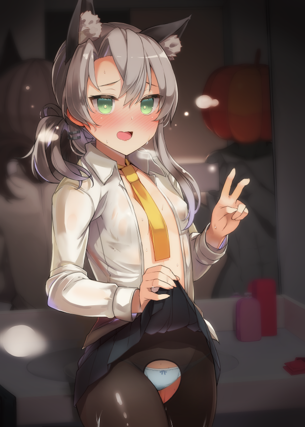 1girl animal_ears asymmetrical_hair black_legwear black_skirt collared_shirt grey_eyes kantai_collection long_hair long_sleeves necktie nowaki_(kantai_collection) panties pantyhose pleated_skirt shin_(new) shirt silver_hair skirt solo_focus underwear v white_panties white_shirt wolf_ears yellow_neckwear