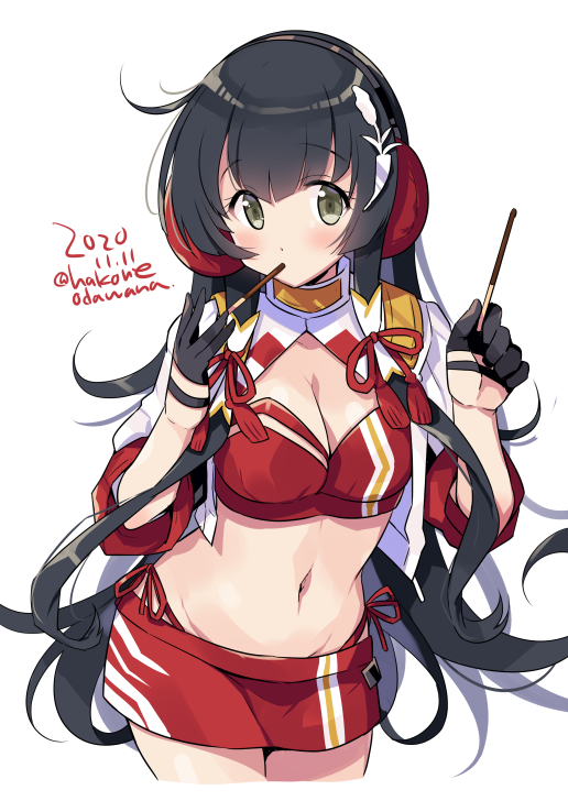 1girl bandeau black_gloves black_hair cowboy_shot cropped_jacket dated eyebrows_visible_through_hair food gloves green_eyes groin headphones holding holding_food jacket kantai_collection long_hair mizuho_(kantai_collection) navel odawara_hakone pocky race_queen red_bandeau red_skirt short_sleeves simple_background skirt solo twitter_username very_long_hair white_background white_jacket