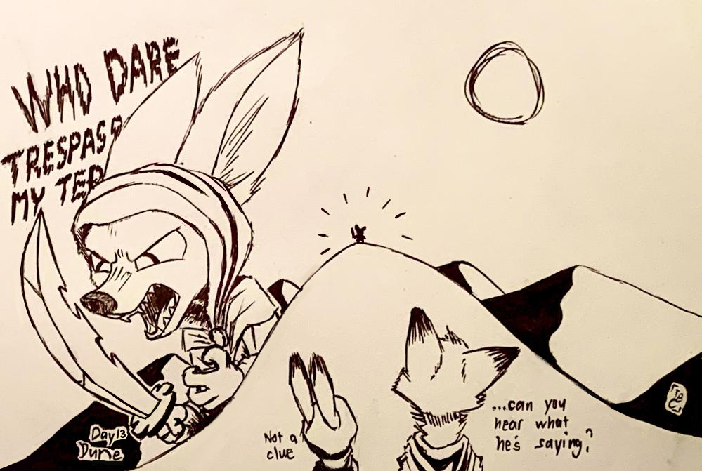 2020 ambiguous_gender angry anthro canid canine clothed clothing dialogue dipstick_ears disney english_text fennec finnick fox group holding_object holding_sword holding_weapon inktober inktober_2020 judy_hopps lagomorph leporid mammal melee_weapon monochrome multicolored_ears nick_wilde outside rabbit rear_view red_fox sand_dune standing sword text theblueberrycarrots weapon zootopia