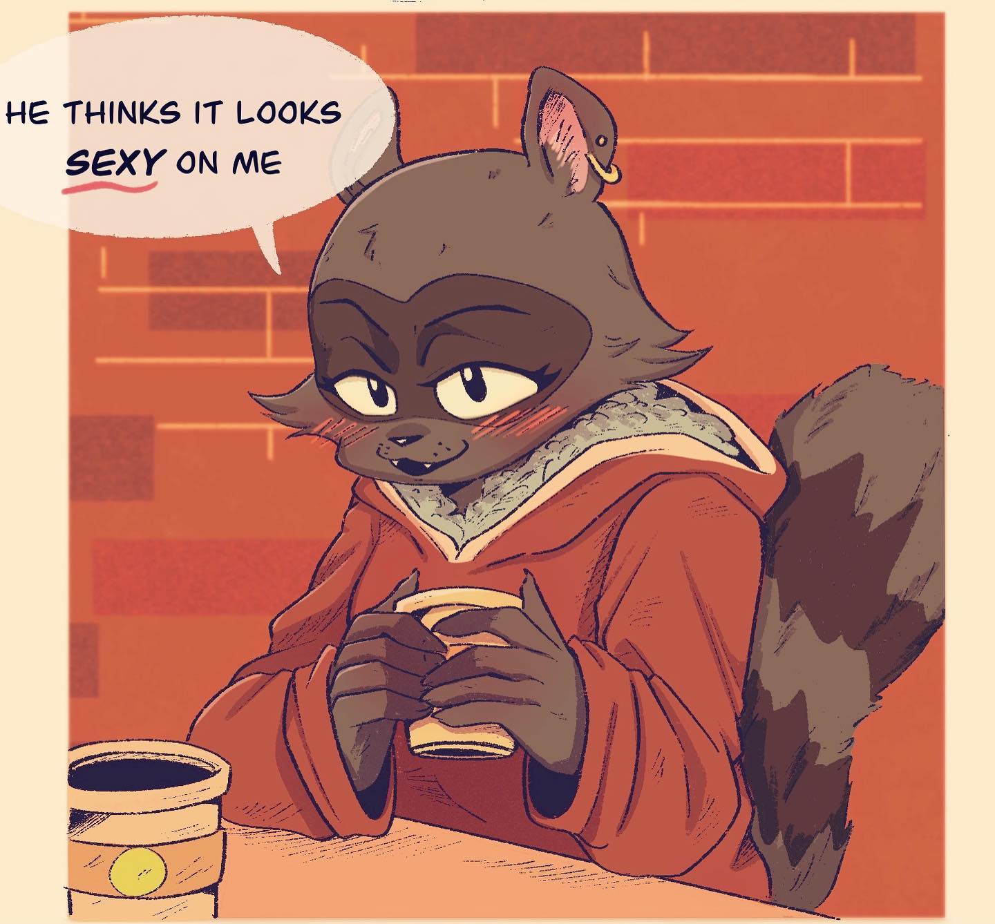 2020 anthro beastars blush clothed clothing comic cup dialogue ear_piercing ear_ring eden_fries english_text female fur hi_res holding_cup holding_object hoodie mammal piercing procyonid raccoon solo speech_bubble text topwear
