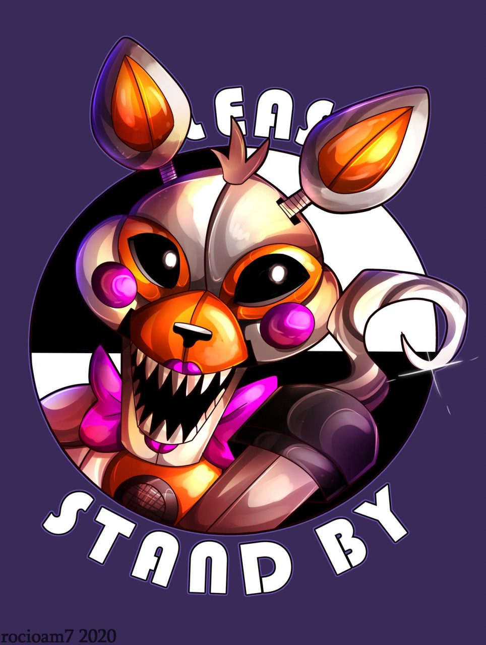 2020 ambiguous_gender animatronic bow_tie canid canine five_nights_at_freddy's five_nights_at_freddy's_world fox hair hi_res hook lipstick lolbit_(fnaf) machine makeup mammal open_mouth orange_inner_ear purple_background purple_cheeks robot rocioam7 signature simple_background sister_location solo teeth text video_games